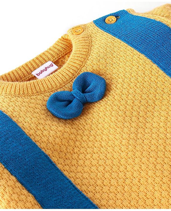 Babyhug Full Sleeves Sweater With Bow Applique- Navy Blue & Yellow