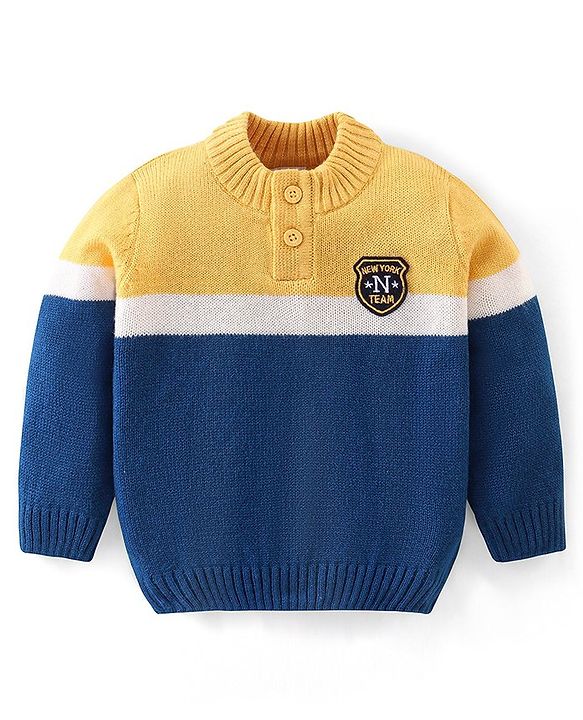 Babyhug Knit Full Sleeves Sweater with Colour Block Design - Blue & Yellow