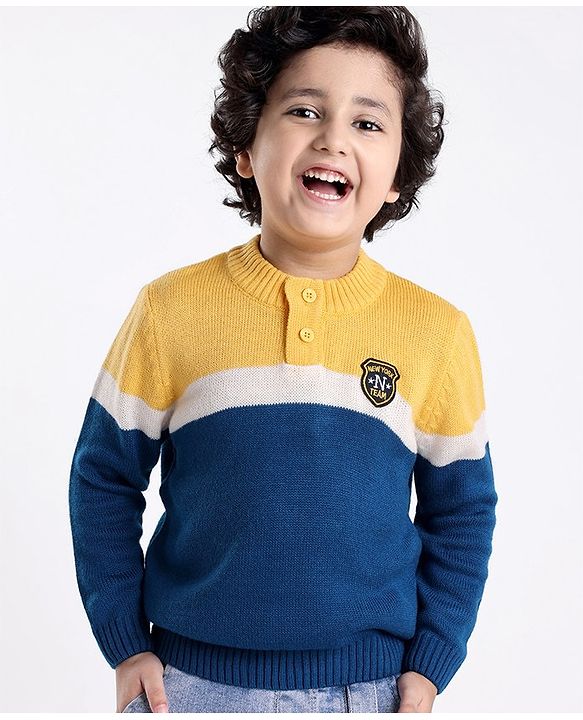Babyhug Knit Full Sleeves Sweater with Colour Block Design - Blue & Yellow