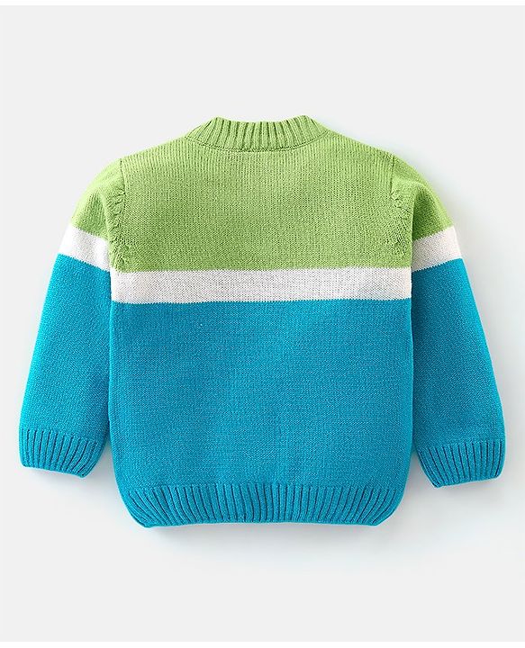 Babyhug Knit Full Sleeves Colour Block Sweater - Mint Blue & Green
