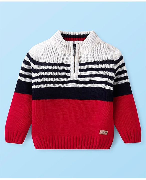 Babyhug Knit Full Sleeves Color Block Pullover Sweater  - White & Red