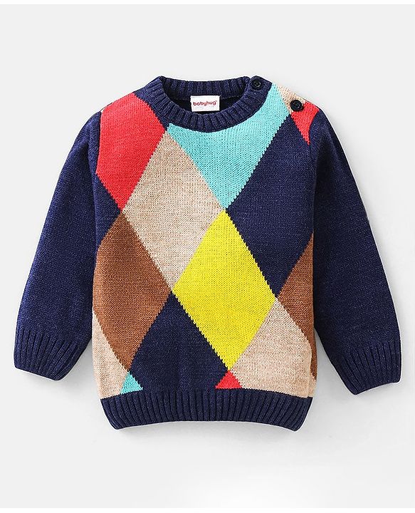 Babyhug Knit Full Sleeves Color Block Pullover - Blue
