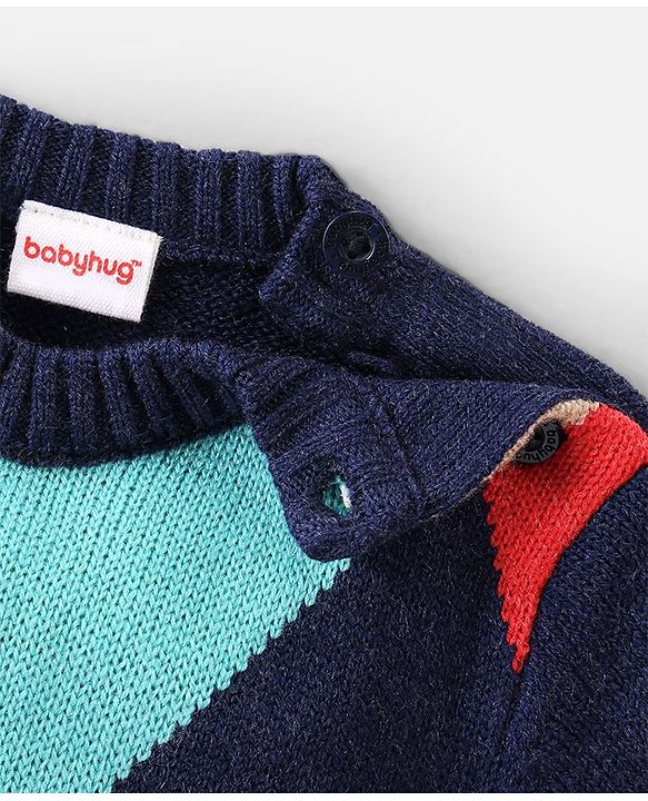 Babyhug Knit Full Sleeves Color Block Pullover - Blue