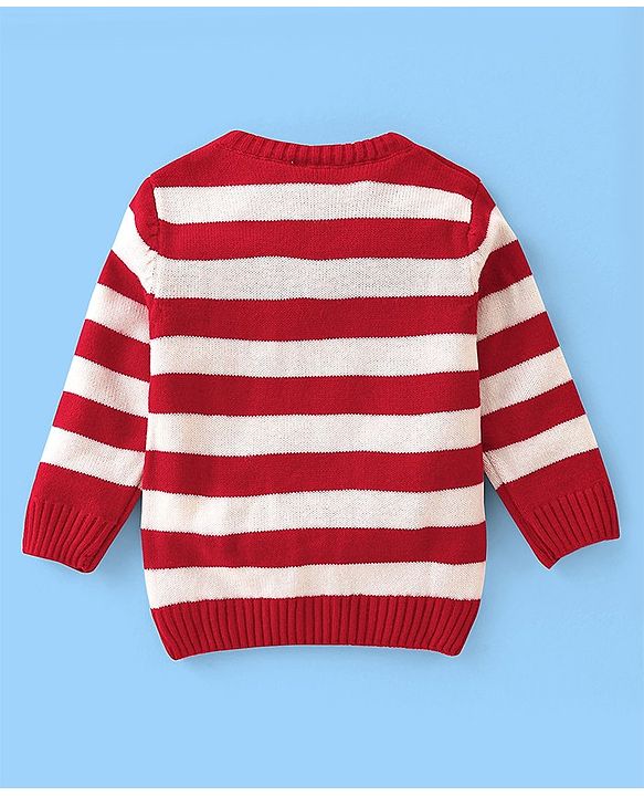 Babyhug Knit Full Sleeves Striped Pullover Sweater with B Applique - Red & White