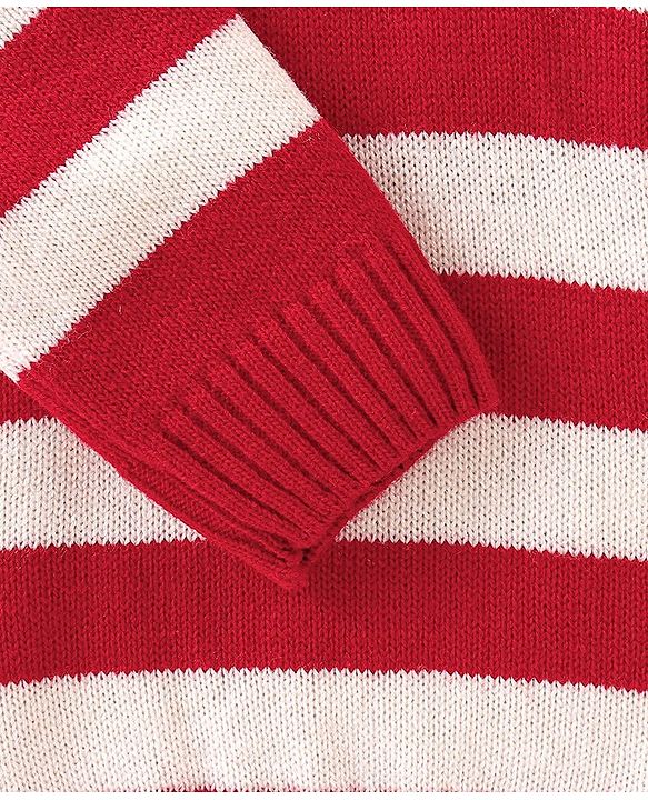 Babyhug Knit Full Sleeves Striped Pullover Sweater with B Applique - Red & White