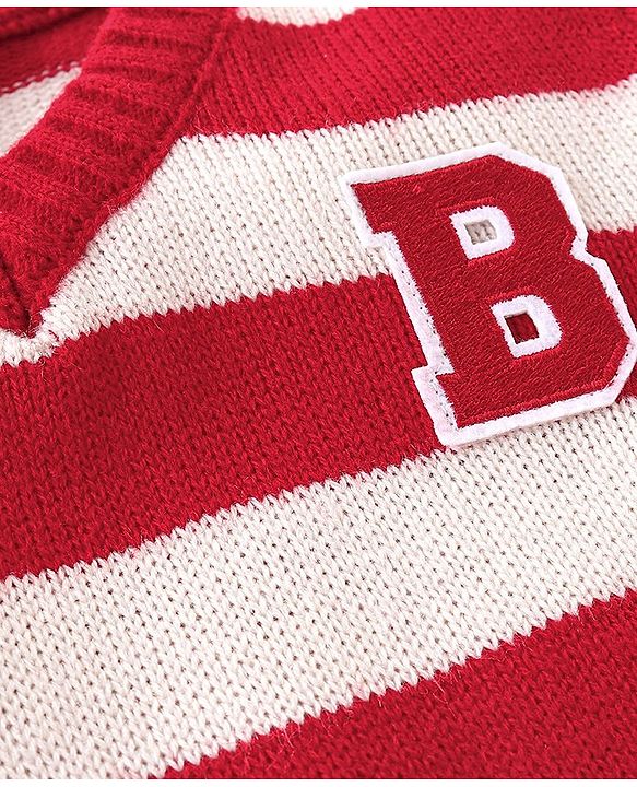 Babyhug Knit Full Sleeves Striped Pullover Sweater with B Applique - Red & White