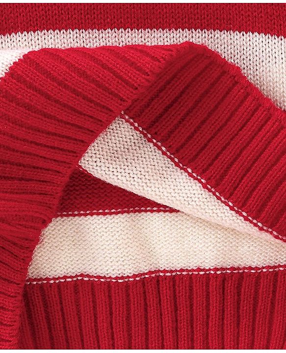 Babyhug Knit Full Sleeves Striped Pullover Sweater with B Applique - Red & White