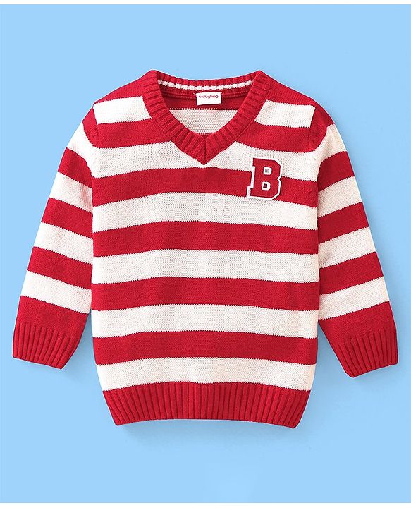 Babyhug Knit Full Sleeves Striped Pullover Sweater with B Applique - Red & White