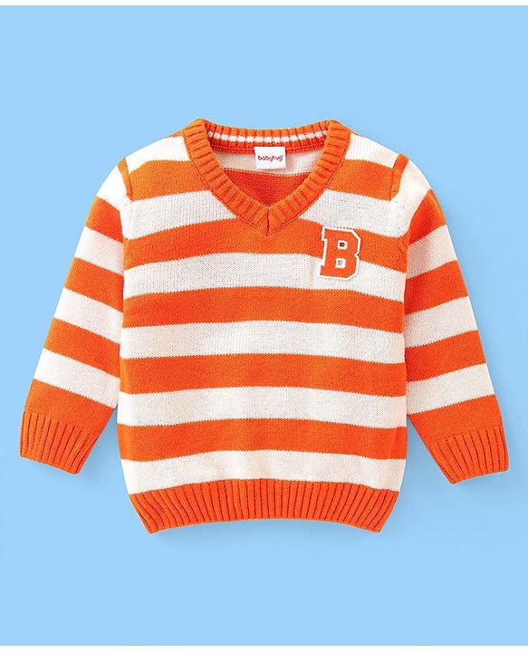 Babyhug Knit Full Sleeves Striped Pullover Sweater with B Applique - Orange & White