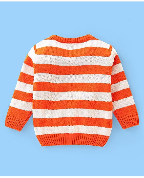 Babyhug Knit Full Sleeves Striped Pullover Sweater with B Applique - Orange & White