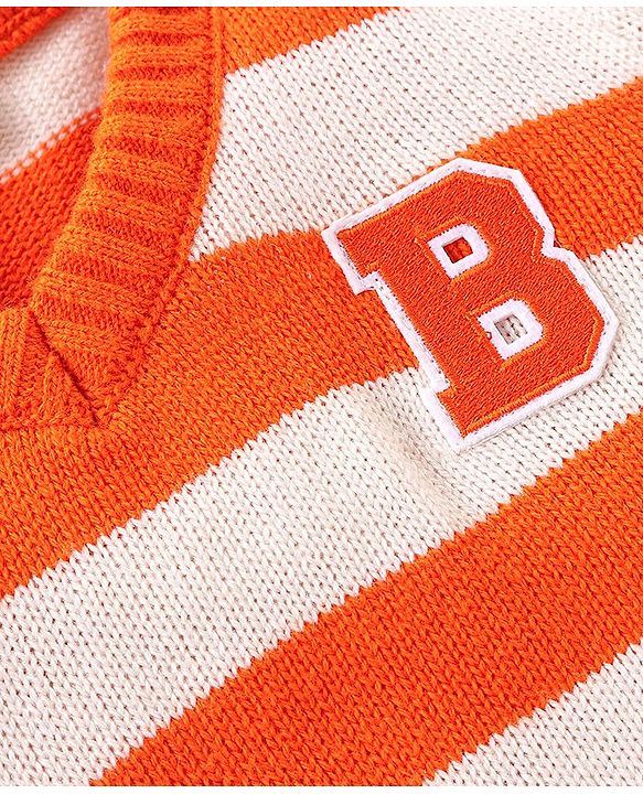 Babyhug Knit Full Sleeves Striped Pullover Sweater with B Applique - Orange & White