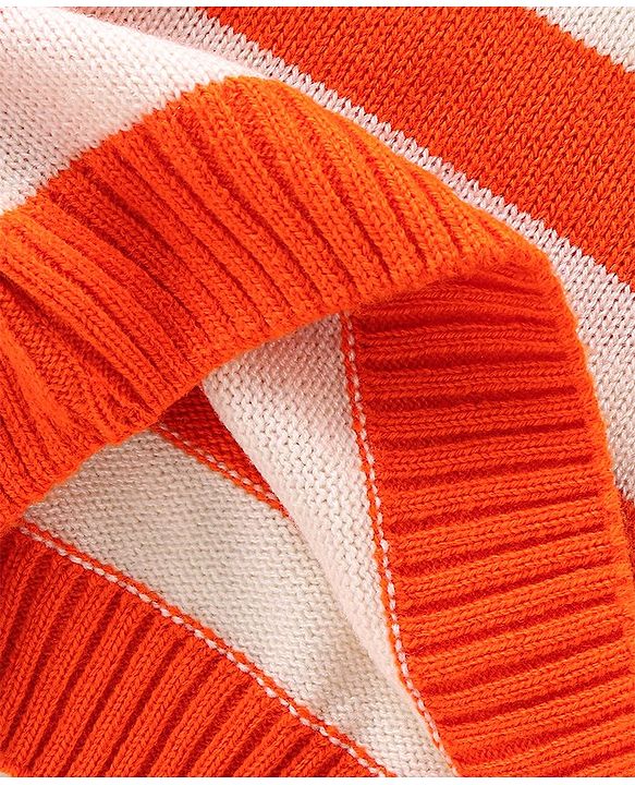 Babyhug Knit Full Sleeves Striped Pullover Sweater with B Applique - Orange & White