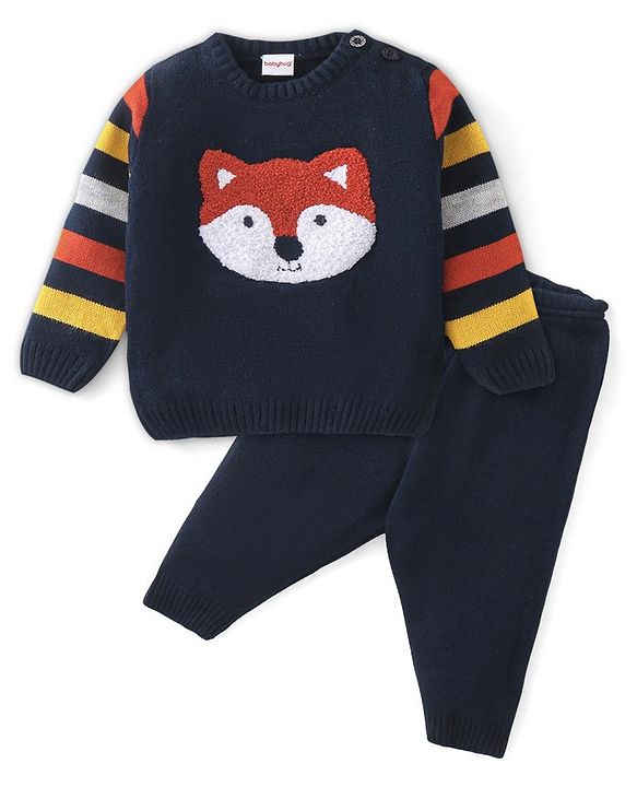 Babyhug Full Sleeves Baby Sweater Set Foxy Design - Navy Blue