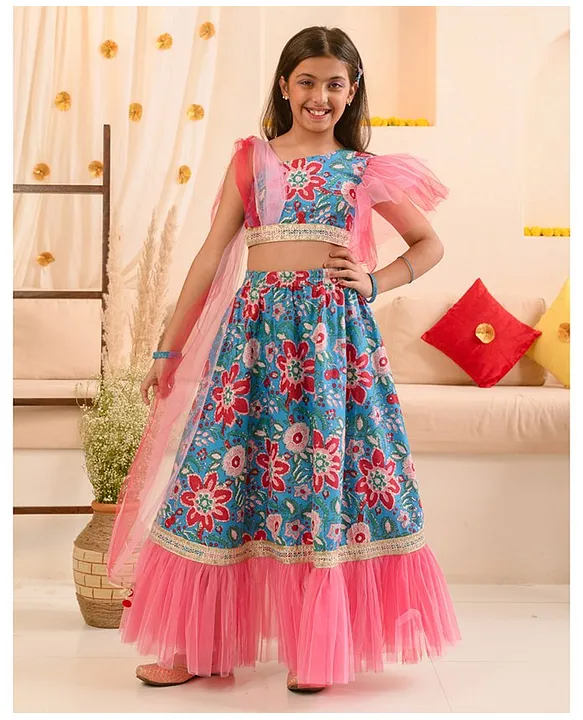 Navy Blue Crush Silk Floral Print Lehenga Choli - Lehengas Designer  Collection