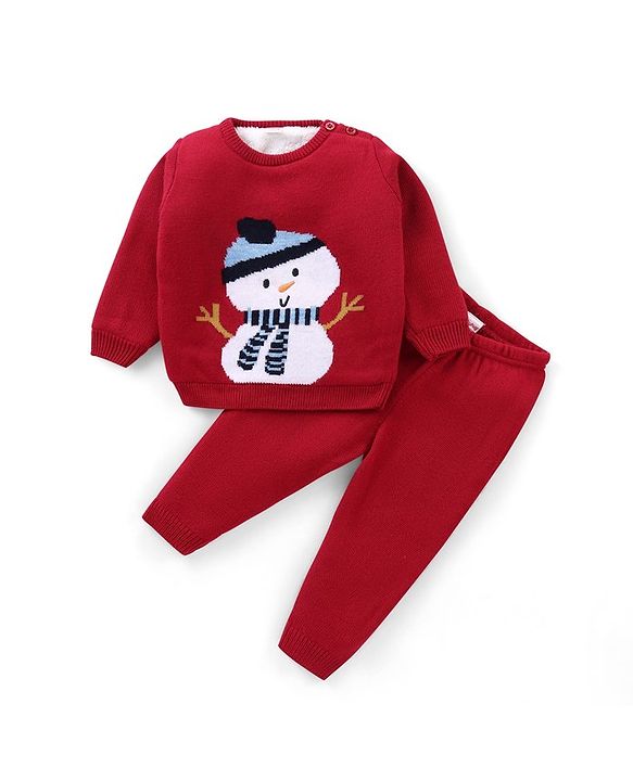 Babyhug  Full Sleeves Sweater Set With Snow Man Design - Red