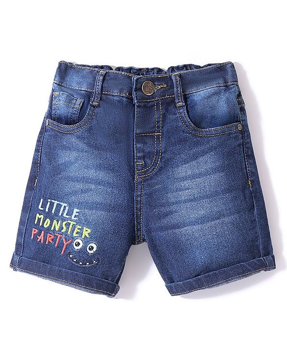 Babyhug Cotton Mid Thigh Denim & Stretch Shorts With Text Embroidery   Fly With Zipper -  Blue