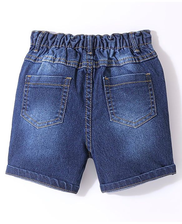 Babyhug Cotton Mid Thigh Denim & Stretch Shorts With Text Embroidery   Fly With Zipper -  Blue