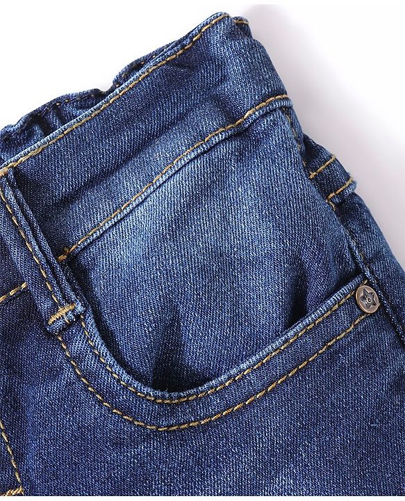 Babyhug Cotton Mid Thigh Denim & Stretch Shorts With Text Embroidery   Fly With Zipper -  Blue