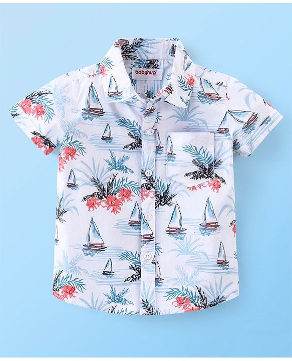 Babyhug Cotton Woven Half Sleeves Regular Collar Shirt Floral Print- White