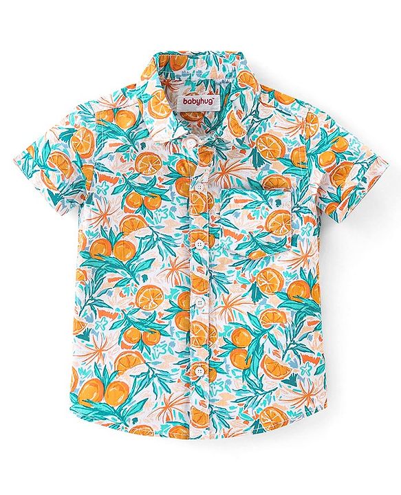 Babyhug Cotton Woven Half Sleeves Regular Collar Shirt Orange Print- Multicolor