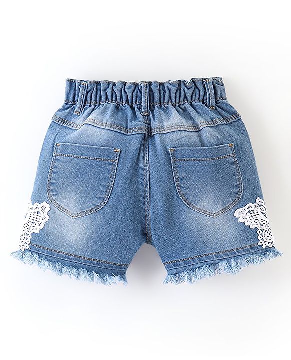 Babyhug Cotton Mid Thigh Length Washed Stretchable Denim Shorts Lace Detailing - Blue