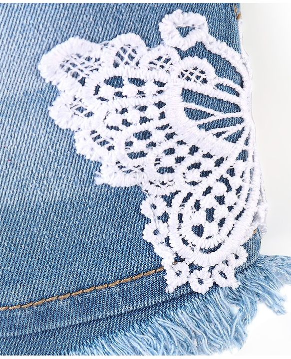 Babyhug Cotton Mid Thigh Length Washed Stretchable Denim Shorts Lace Detailing - Blue