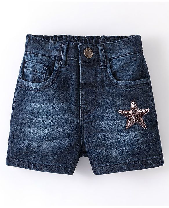 Babyhug Cotton Mid Thigh Length Washed Stretchable Denim Shorts Sequins Detailing - Blue