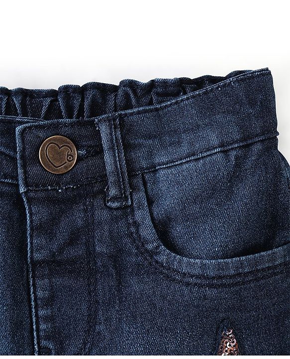 Babyhug Cotton Mid Thigh Length Washed Stretchable Denim Shorts Sequins Detailing - Blue