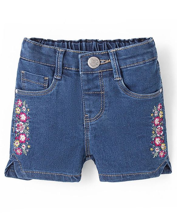 Babyhug Cotton Spandex Mid Thigh Length Stretchable Washed Denim Shorts Floral Embroidery - Blue