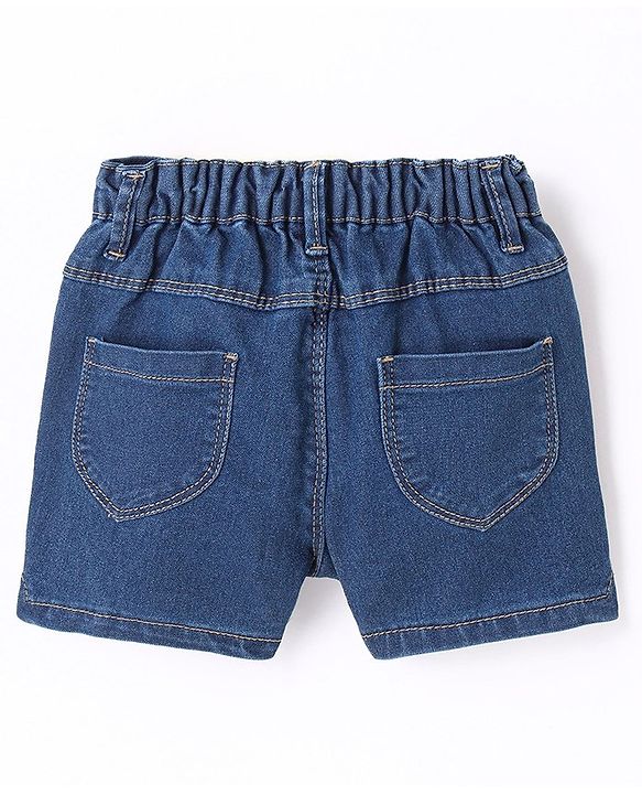 Babyhug Cotton Spandex Mid Thigh Length Stretchable Washed Denim Shorts Floral Embroidery - Blue