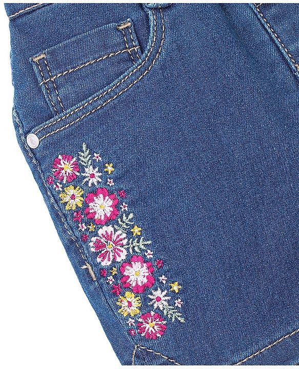 Babyhug Cotton Spandex Mid Thigh Length Stretchable Washed Denim Shorts Floral Embroidery - Blue