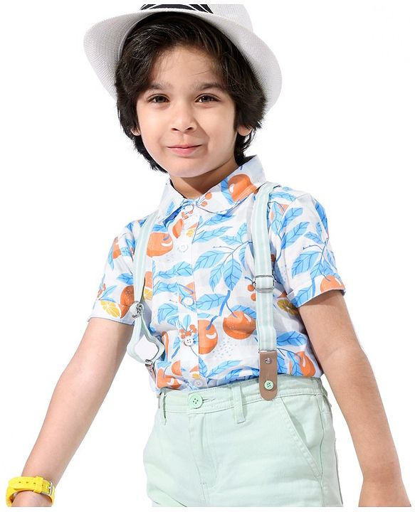 Babyhug 100% Cotton Woven Half Sleeves Shirt Orange Print - Blue
