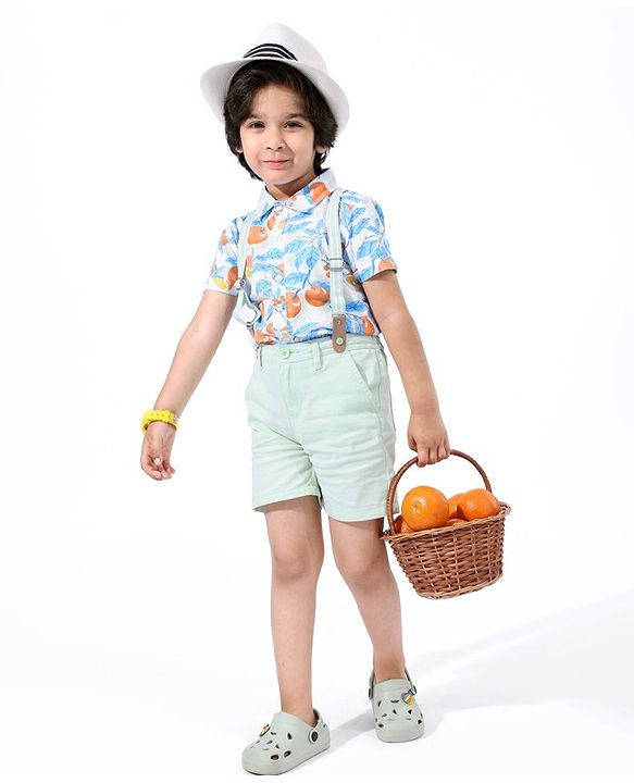 Babyhug 100% Cotton Woven Half Sleeves Shirt Orange Print - Blue