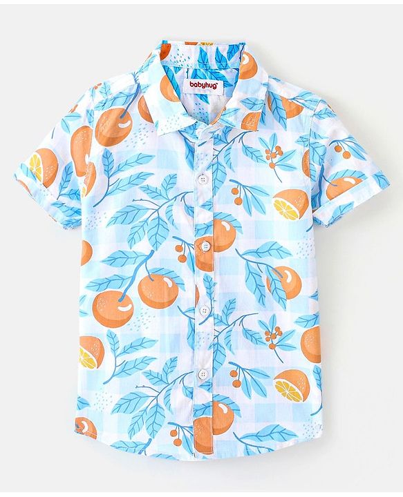 Babyhug 100% Cotton Woven Half Sleeves Shirt Orange Print - Blue