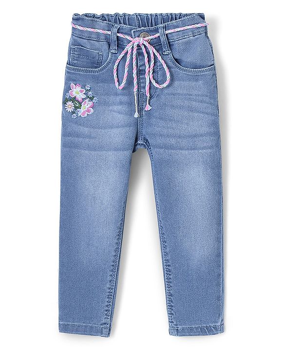 Babyhug Denim Full Length Jeans With Stretch Floral Embroidered & Washed - Blue