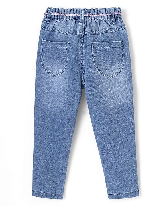 Babyhug Denim Full Length Jeans With Stretch Floral Embroidered & Washed - Blue