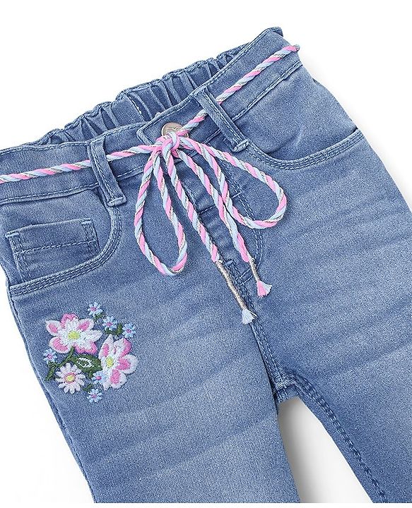 Babyhug Denim Full Length Jeans With Stretch Floral Embroidered & Washed - Blue