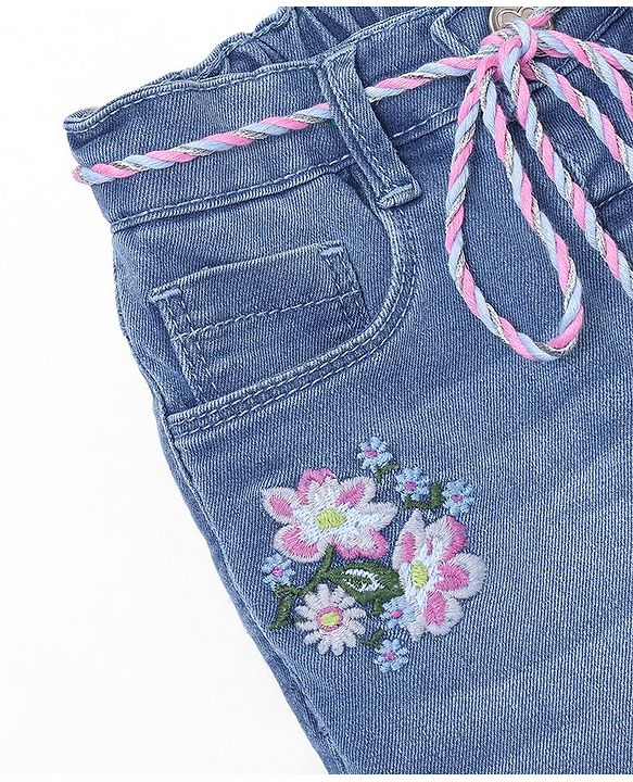 Babyhug Denim Full Length Jeans With Stretch Floral Embroidered & Washed - Blue