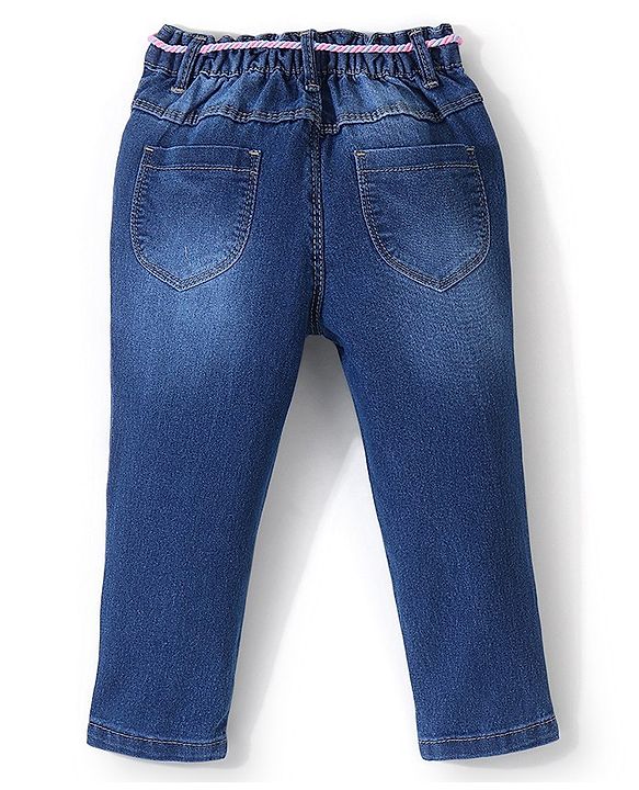 Babyhug Cotton Washed Denim Full Length Stretchable Jeans With Butterfly Embroidery - Blue