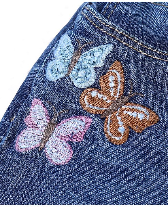 Babyhug Cotton Washed Denim Full Length Stretchable Jeans With Butterfly Embroidery - Blue