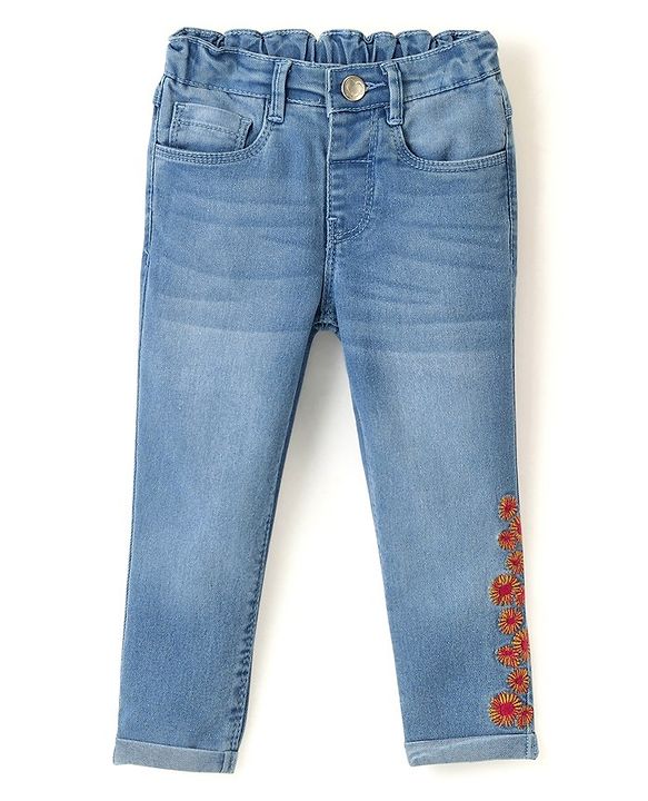Babyhug Cotton Spandex Full Length Stretchable Jeans with Floral Embroidery - Blue