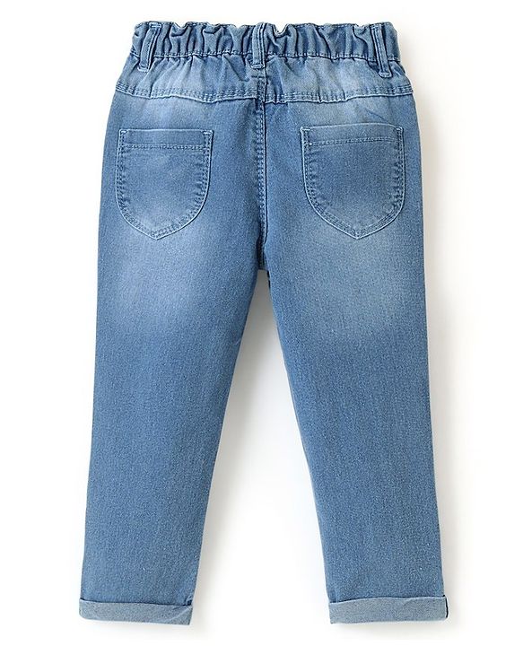 Babyhug Cotton Spandex Full Length Stretchable Jeans with Floral Embroidery - Blue