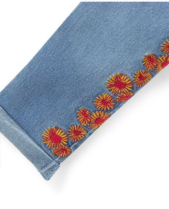 Babyhug Cotton Spandex Full Length Stretchable Jeans with Floral Embroidery - Blue