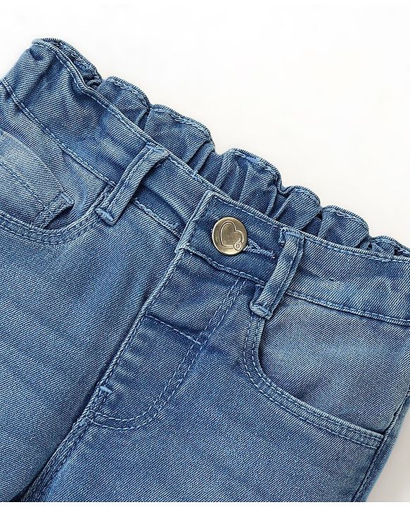 Babyhug Cotton Spandex Full Length Stretchable Jeans with Floral Embroidery - Blue