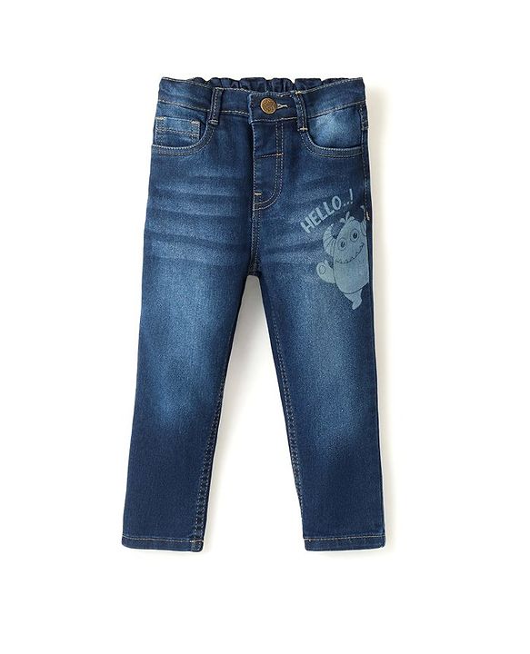 Babyhug Cotton Full Length Denim With Stretch Jeans & Monster Print - Dark Blue
