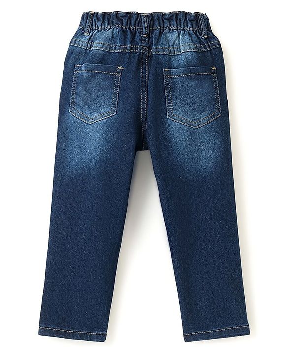 Babyhug Cotton Full Length Denim With Stretch Jeans & Monster Print - Dark Blue