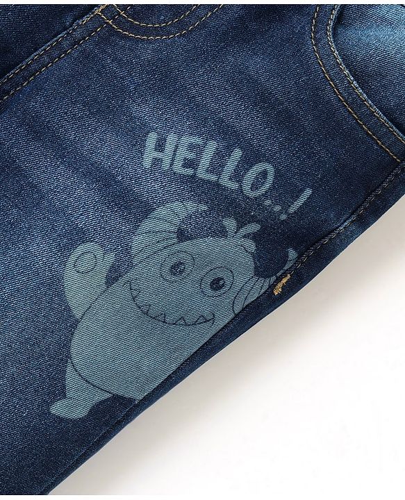Babyhug Cotton Full Length Denim With Stretch Jeans & Monster Print - Dark Blue