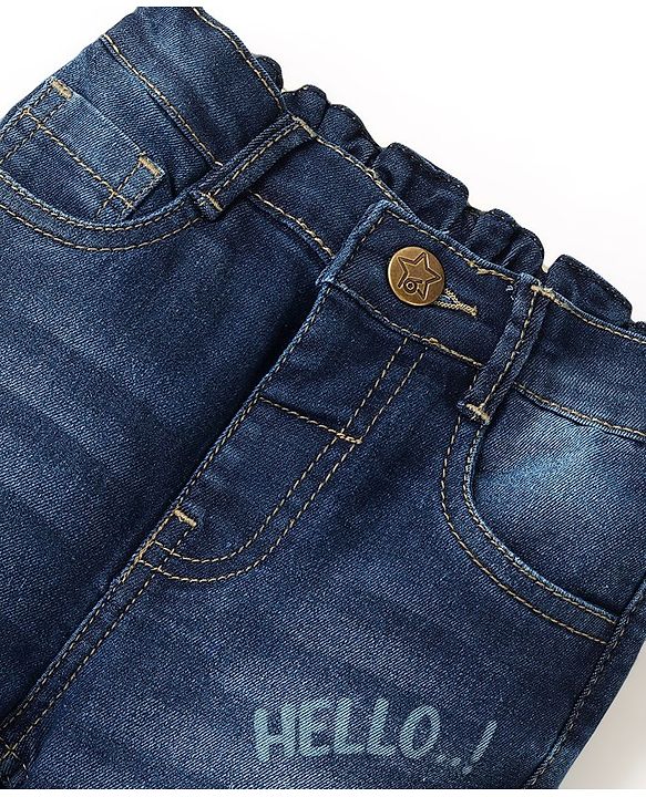 Babyhug Cotton Full Length Denim With Stretch Jeans & Monster Print - Dark Blue