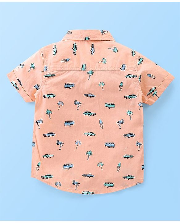 Babyhug Cotton Woven Half Sleeves Regular Collar Shirt Car Print- Orange