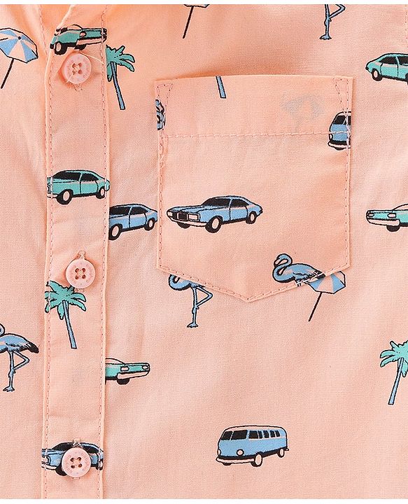 Babyhug Cotton Woven Half Sleeves Regular Collar Shirt Car Print- Orange